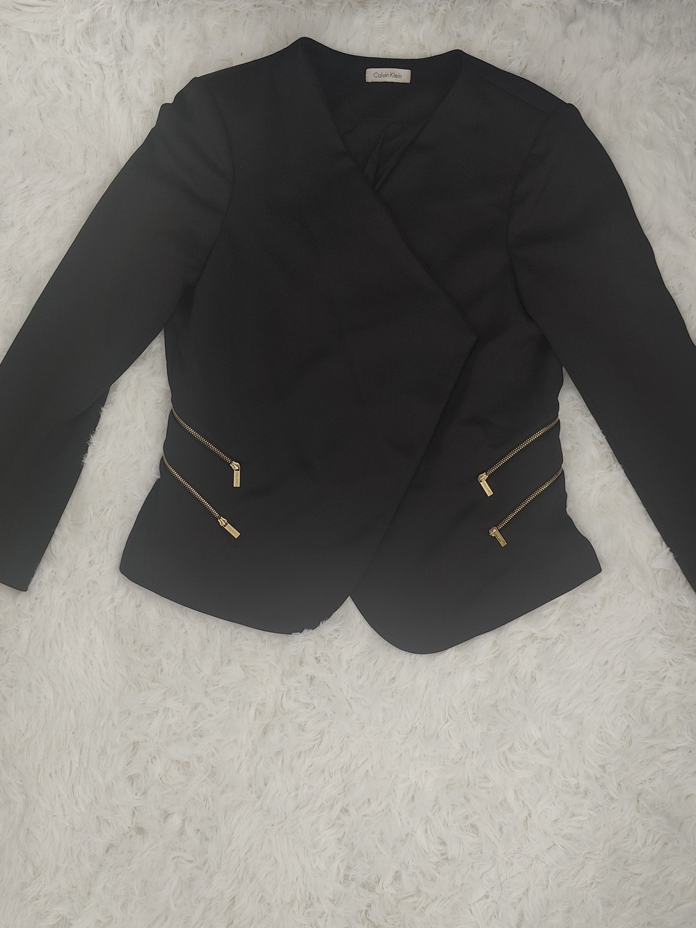 Calvin Klein Black Blazer with Gold Zip Details - Size L/XL 12/14